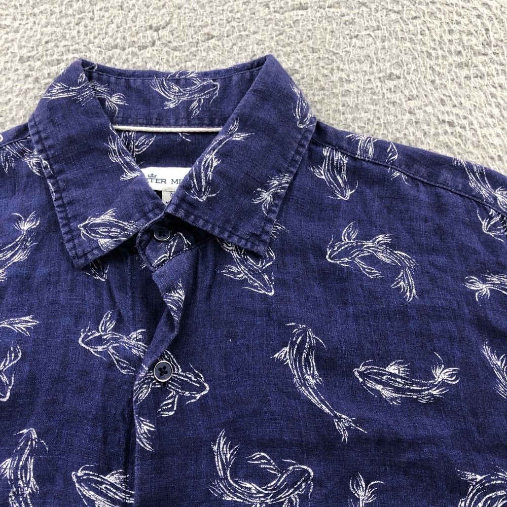 Peter Millar Shirt Mens Medium Blue 100% Linen Koi Fish Secret Cove Short Sleeve